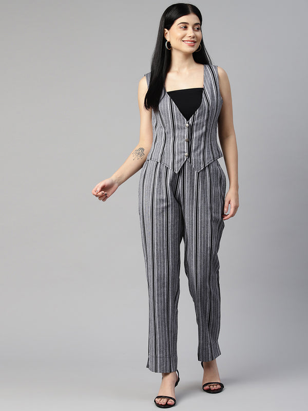 Cottinfab Women Striped Cotton Waistcoat and Trousers Co-Ord Set