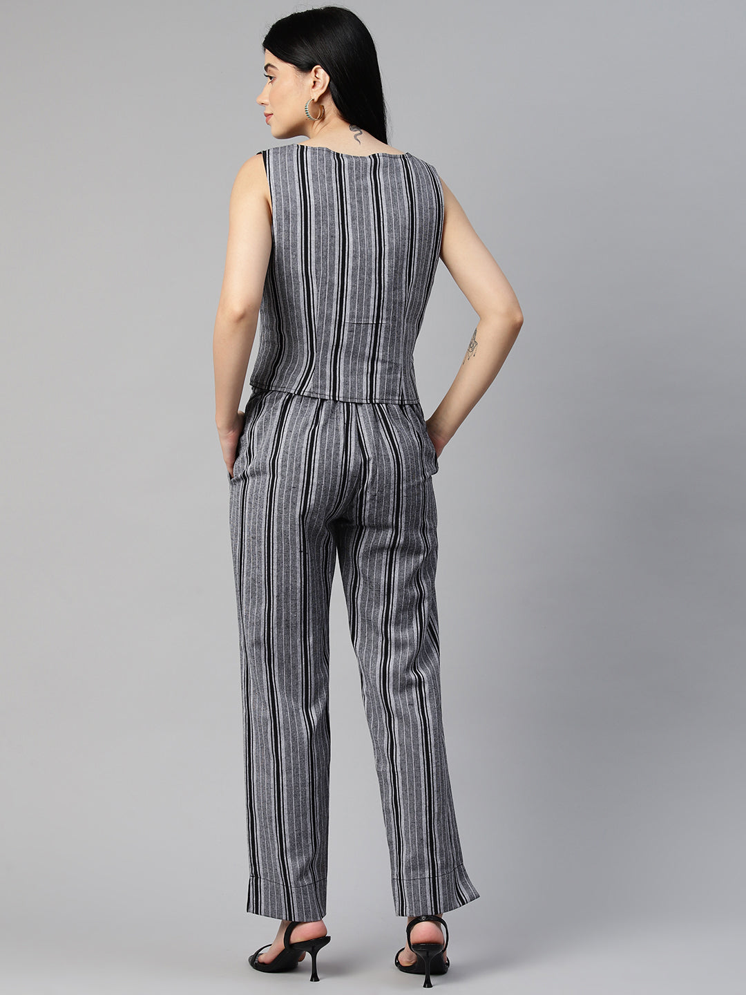 Cottinfab Women Striped Cotton Waistcoat and Trousers Co-Ord Set