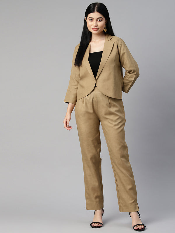 Cottinfab Women Solid Blazers and Trousers Co-Ord Set