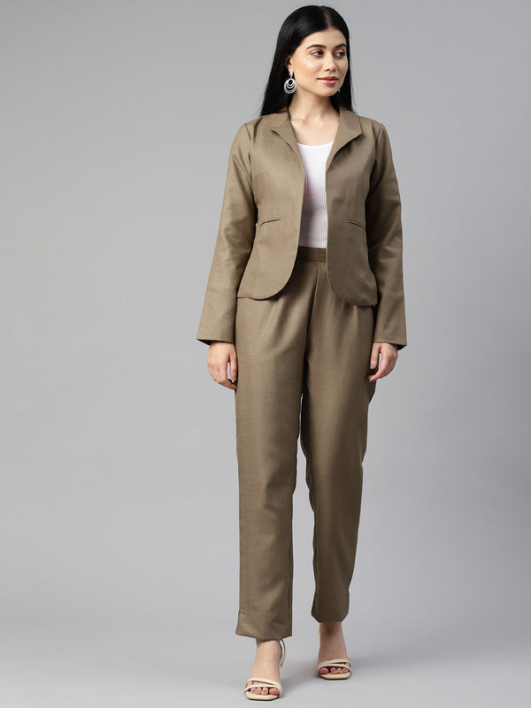 Cottinfab Women Solid Blazers with Trousers Co-ord Sets
