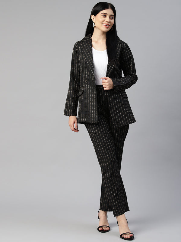 Cottinfab Women Striped Cotton Blazers and Trousers Co-ord Set