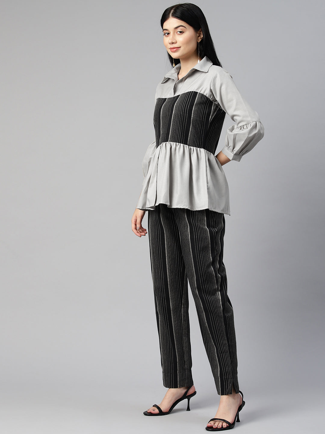 Cottinfab Women Striped Peplum Top with Trousers Co-ord Set