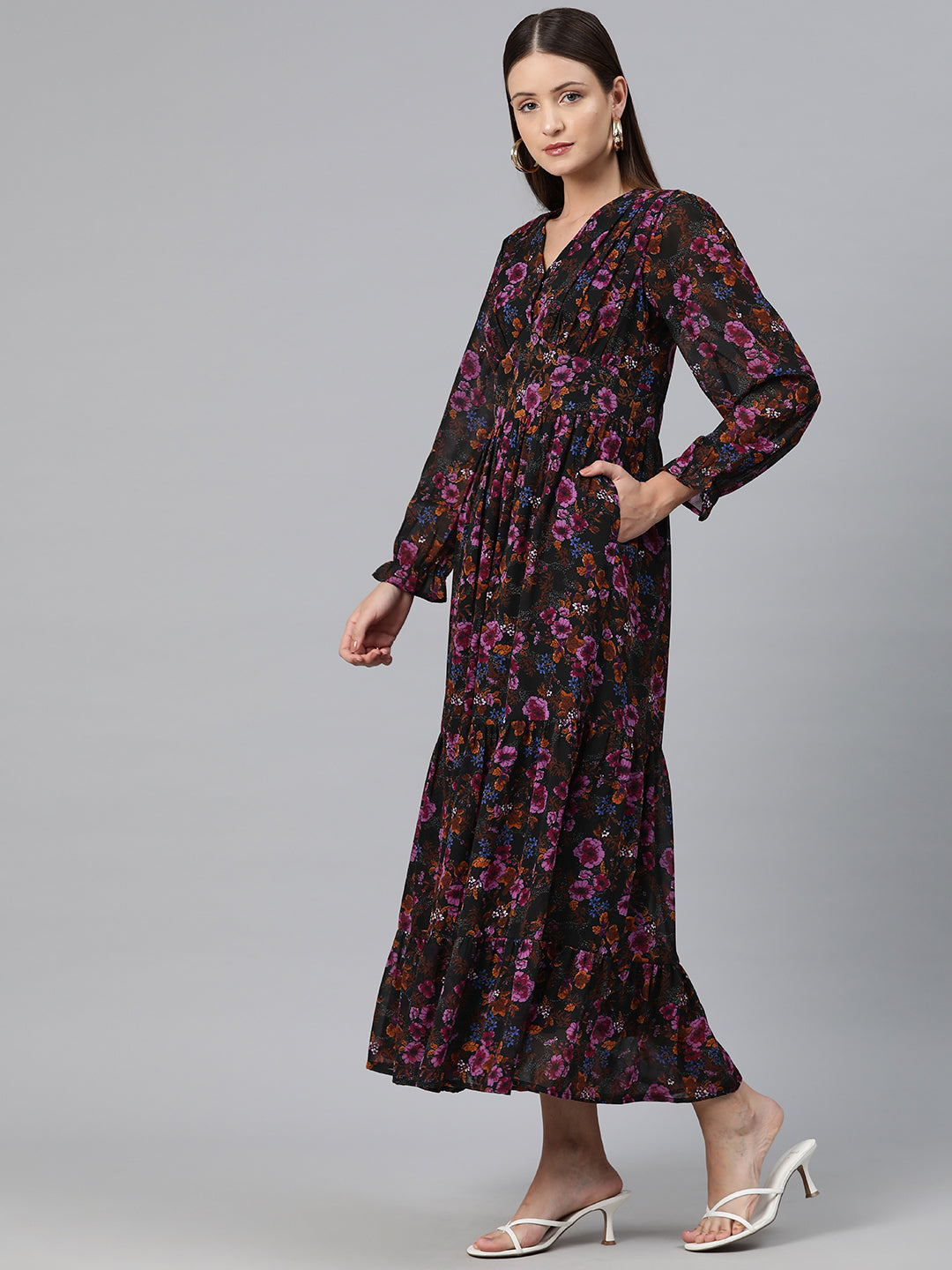 Cottinfab Women Floral Print Bell Sleeve Georgette A-Line Maxi Dress