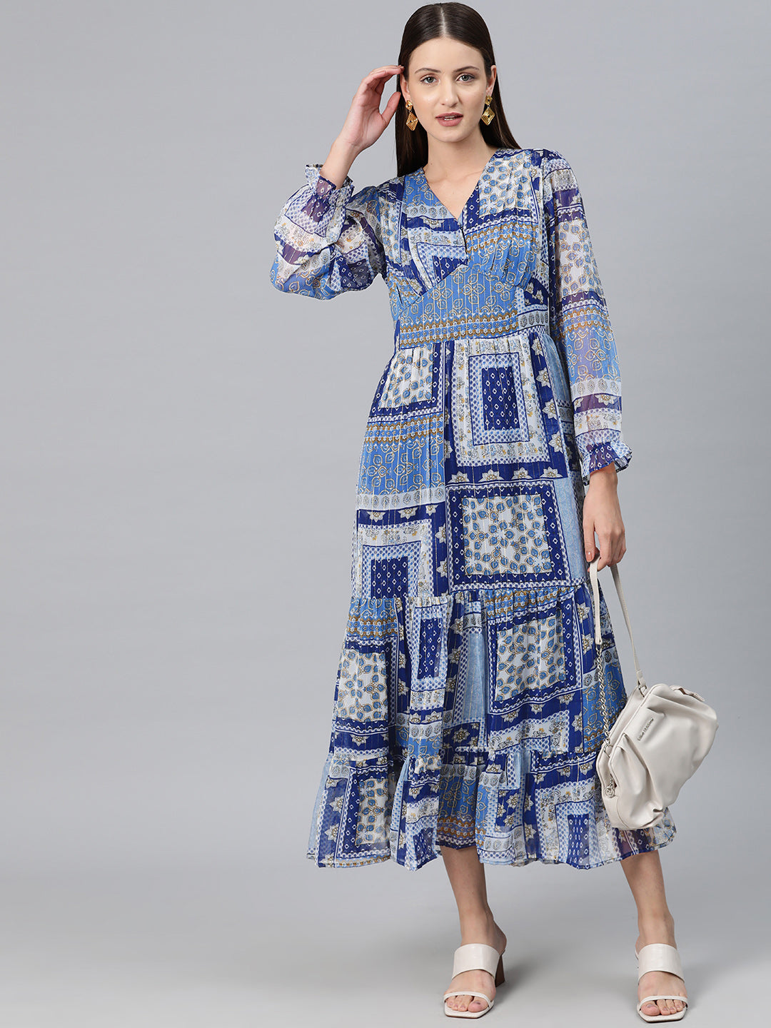Cottinfab Women Print Puff Sleeve Ruffled Georgette A-Line Midi Dress