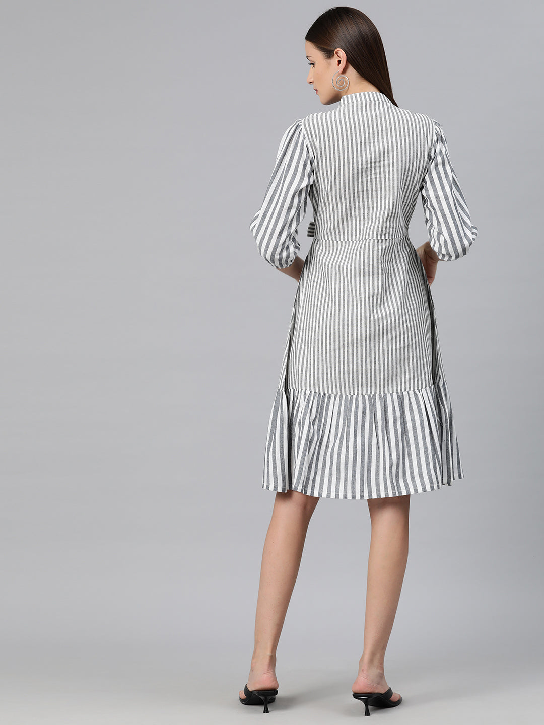 Cottinfab Women Striped Puff Sleeves A-Line Dress with Tie-Up Detail