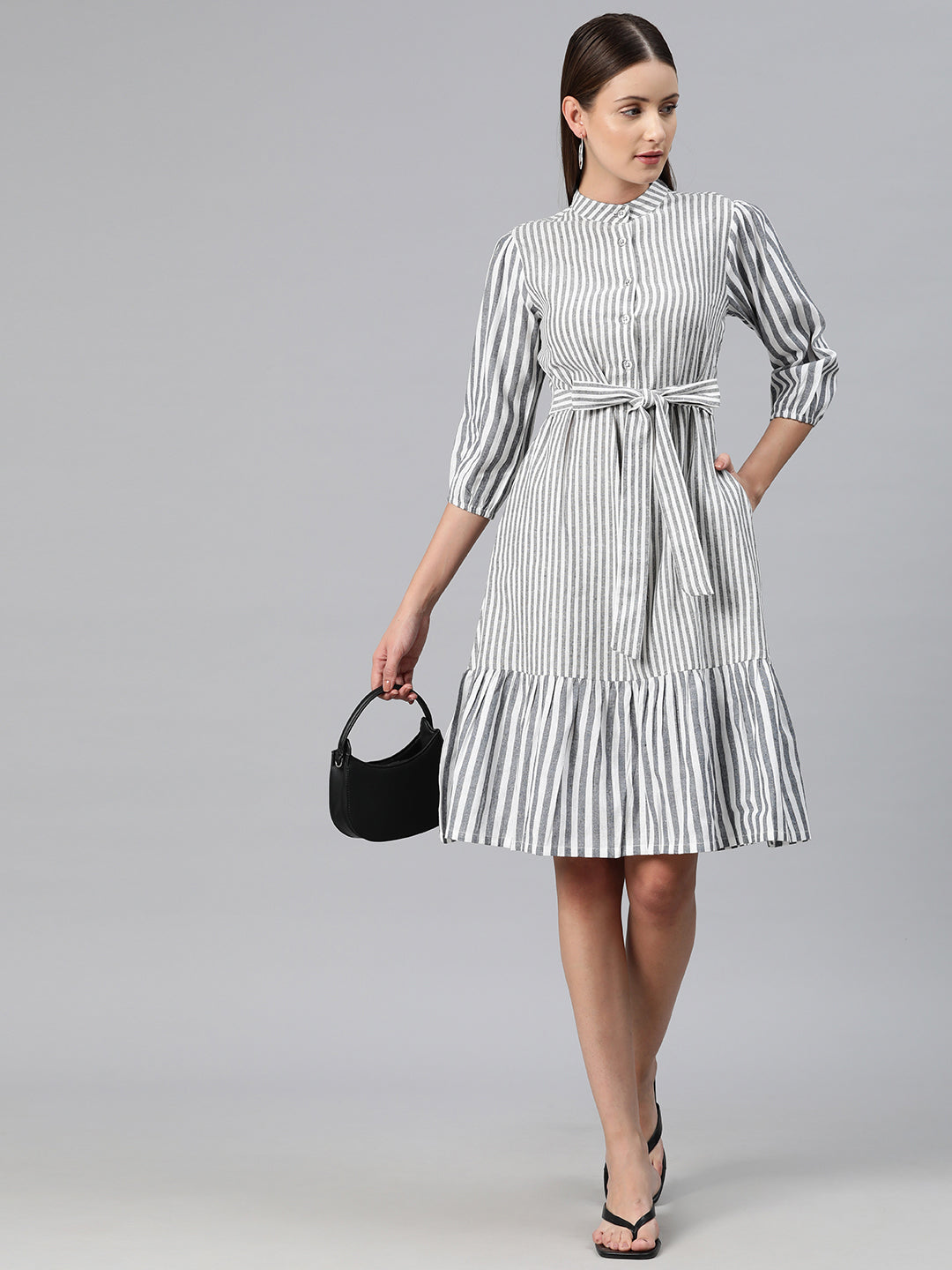 Cottinfab Women Striped Puff Sleeves A-Line Dress with Tie-Up Detail