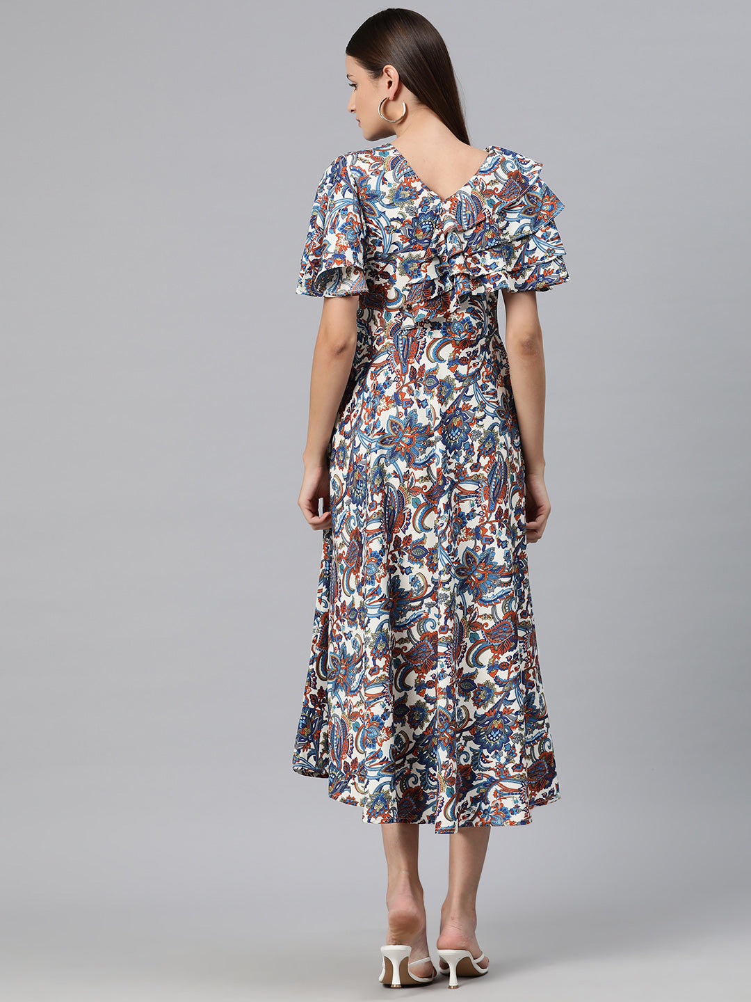 Cottinfab Women Floral Print Flared Sleeve Layered Crepe A-Line Midi Dress