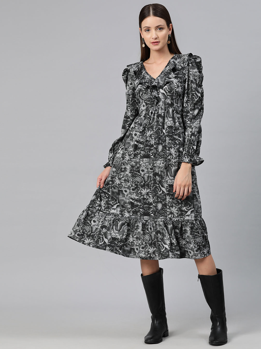 Cottinfab Women Floral Print Puff Sleeves Ruffled Crepe A-Line Midi Dress