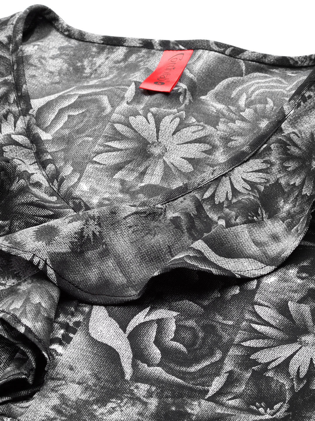 Cottinfab Women Floral Print Puff Sleeves Ruffled Crepe A-Line Midi Dress