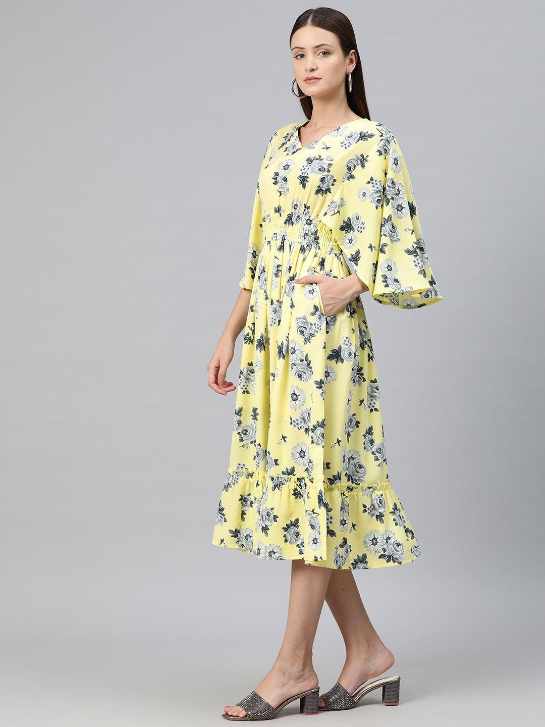 Cottinfab Women Floral Print Flared Sleeves Smocked Tiered Crepe Fit & Flare Midi Dress