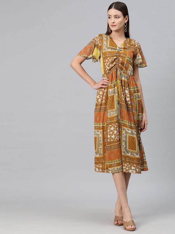 Cottinfab Women Ethnic Motifs Print Flared Sleeve Georgette A-Line Midi Dress