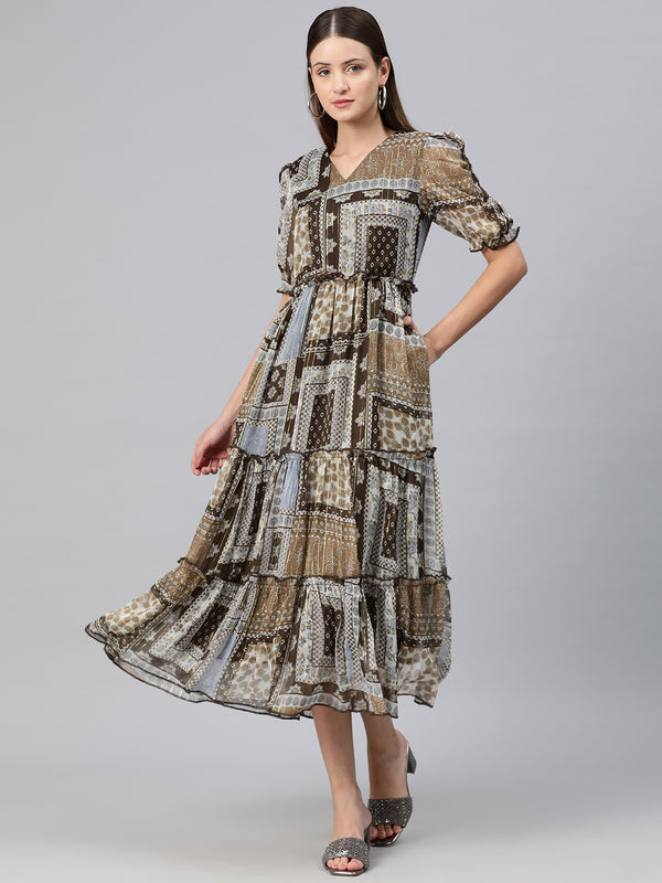 Cottinfab Women Ethnic Motifs Print Puff Sleeve Ruffled Georgette Fit & Flare Midi Dress