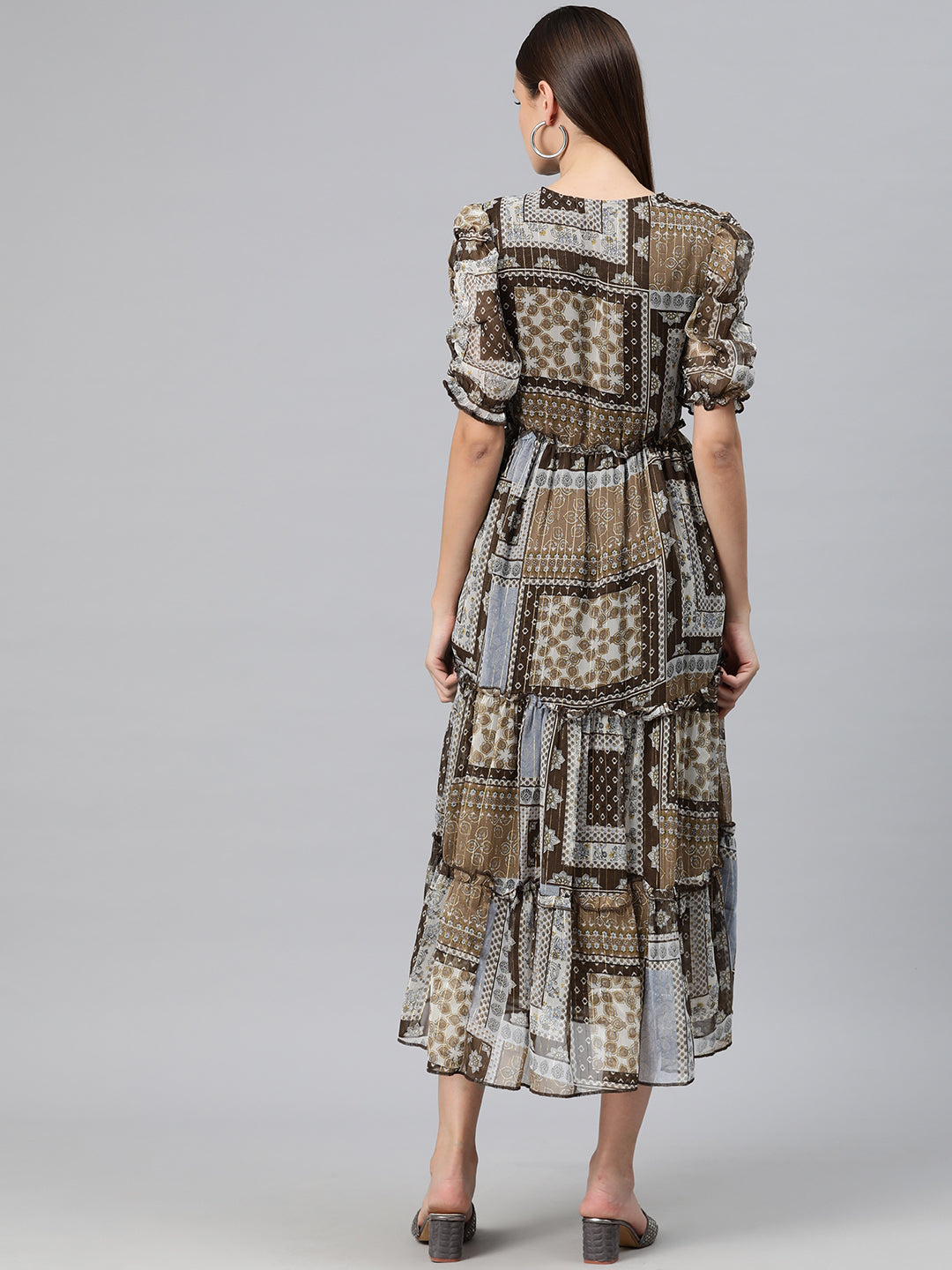 Cottinfab Women Ethnic Motifs Print Puff Sleeve Ruffled Georgette Fit & Flare Midi Dress