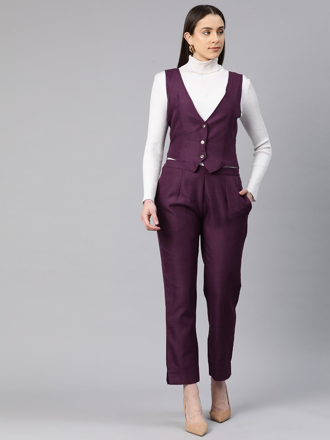 Cottinfab Women Solid Single-Breasted Two-Piece Suit