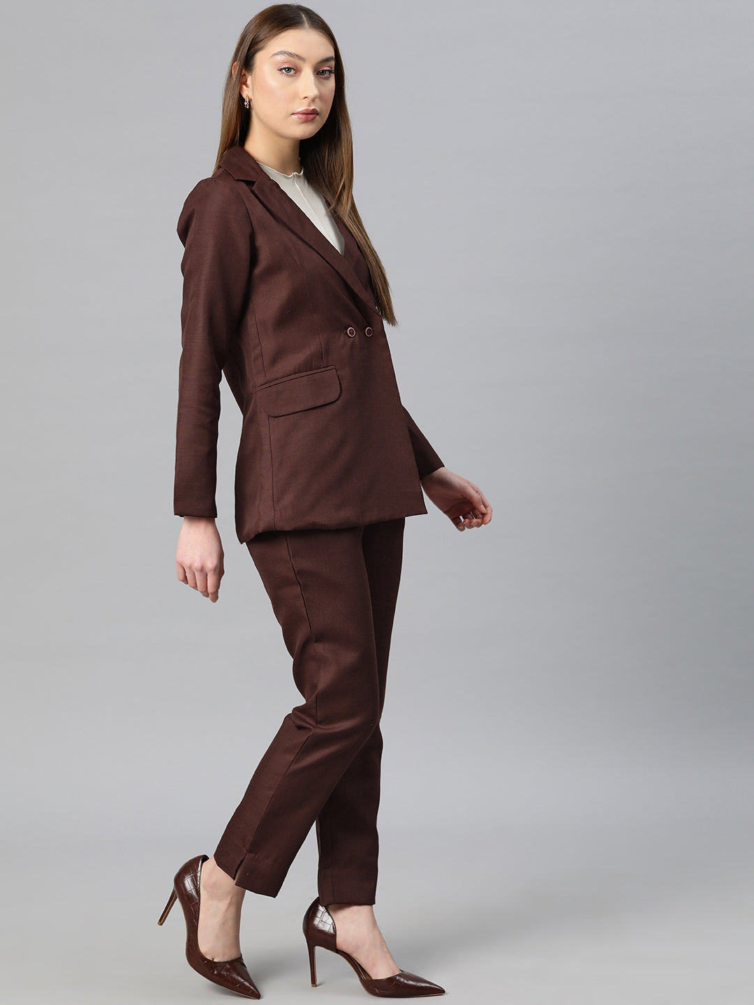 Cottinfab Women Solid Double-Breasted Two-Piece Suit
