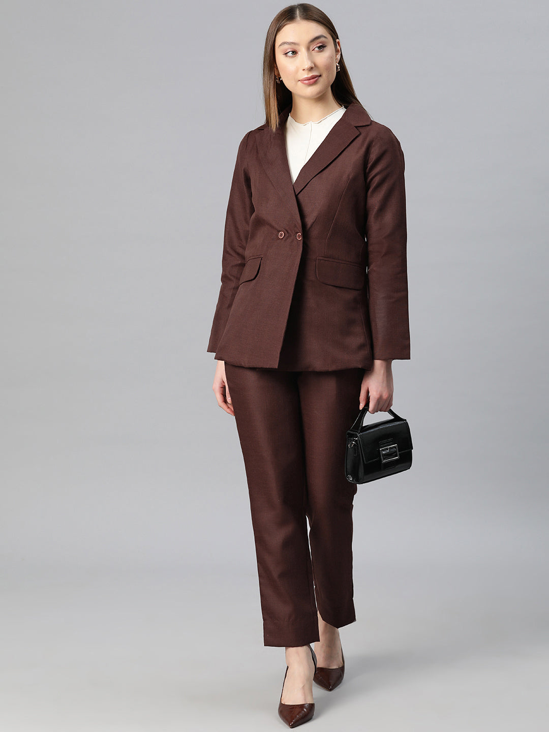 Cottinfab Women Solid Double-Breasted Two-Piece Suit