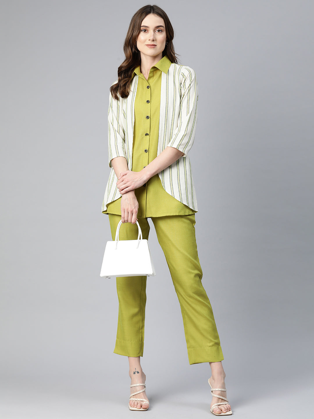 Cottinfab Women Layered Striped Shirt with Trousers