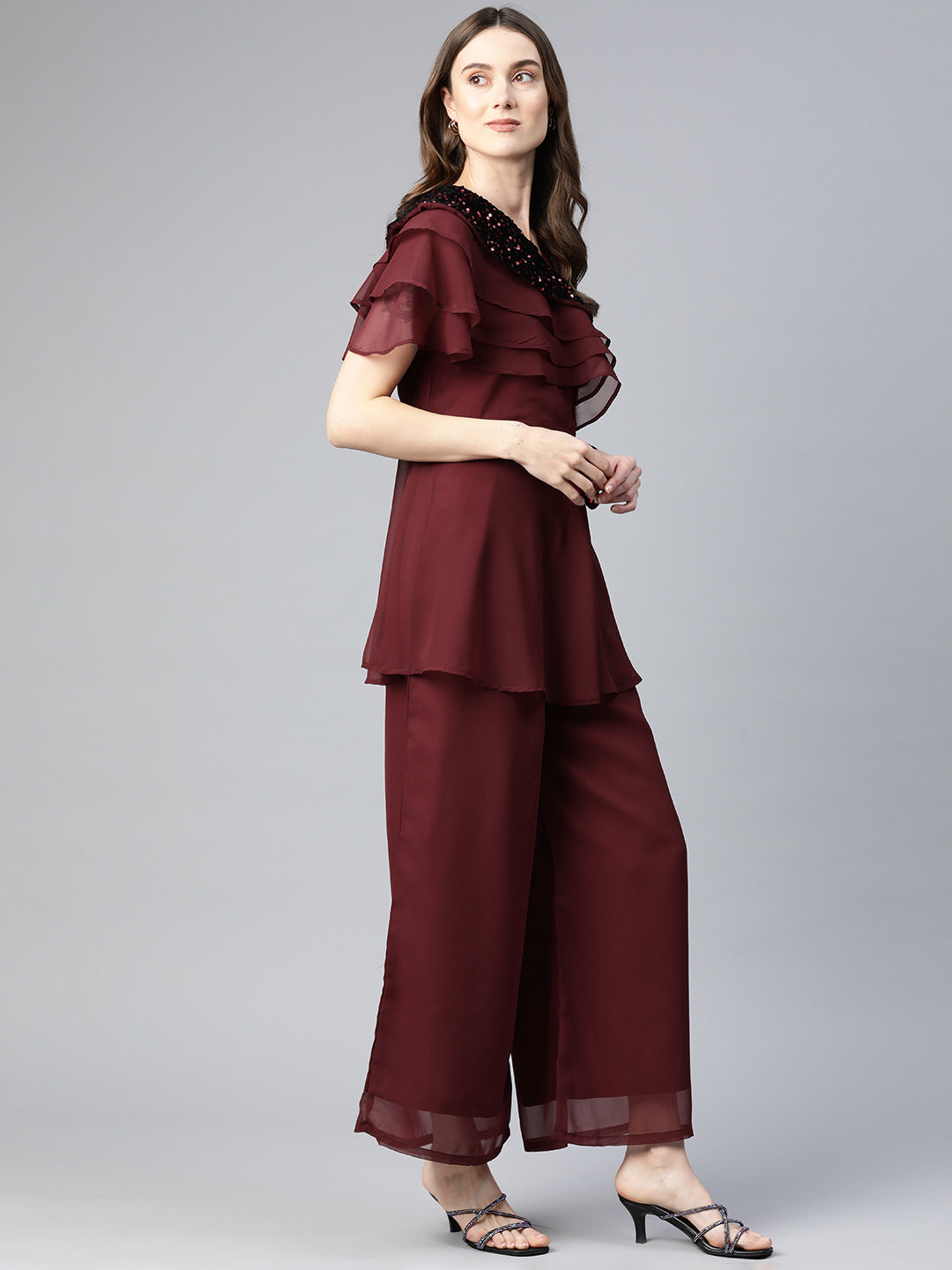 Cottinfab Women Embellished Ruffle Top with Trousers