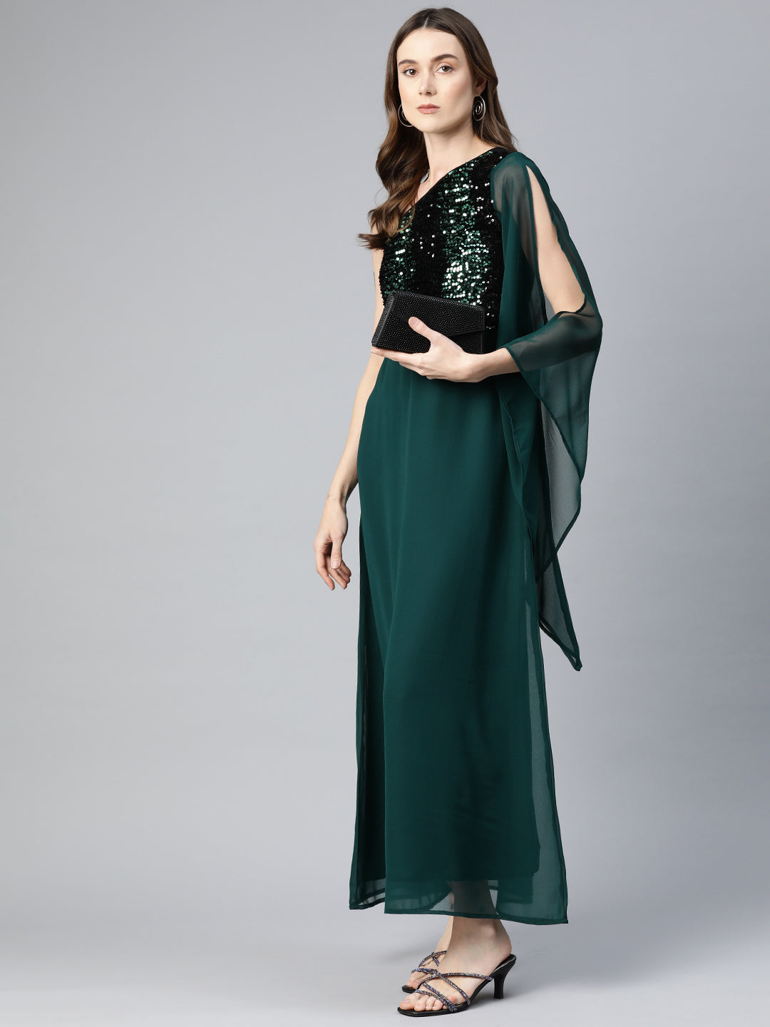 Cottinfab Embellished One Shoulder Slit Sleeves Georgette Maxi Dress