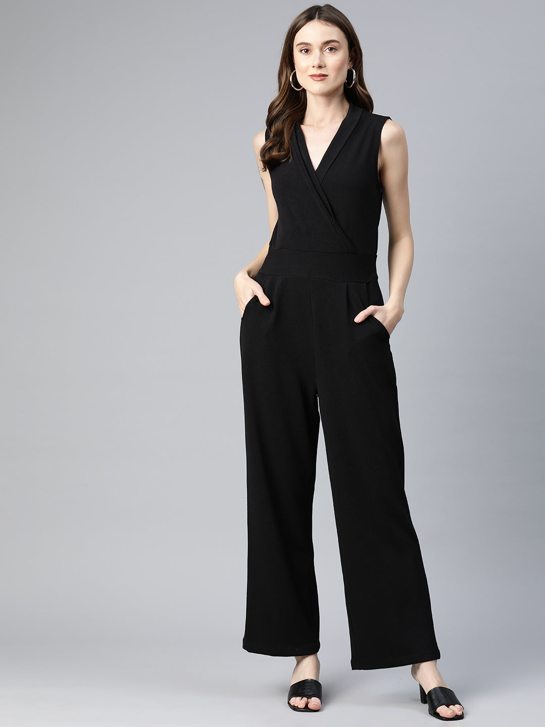 Cottinfab Solid Shawl Neck Basic Jumpsuit