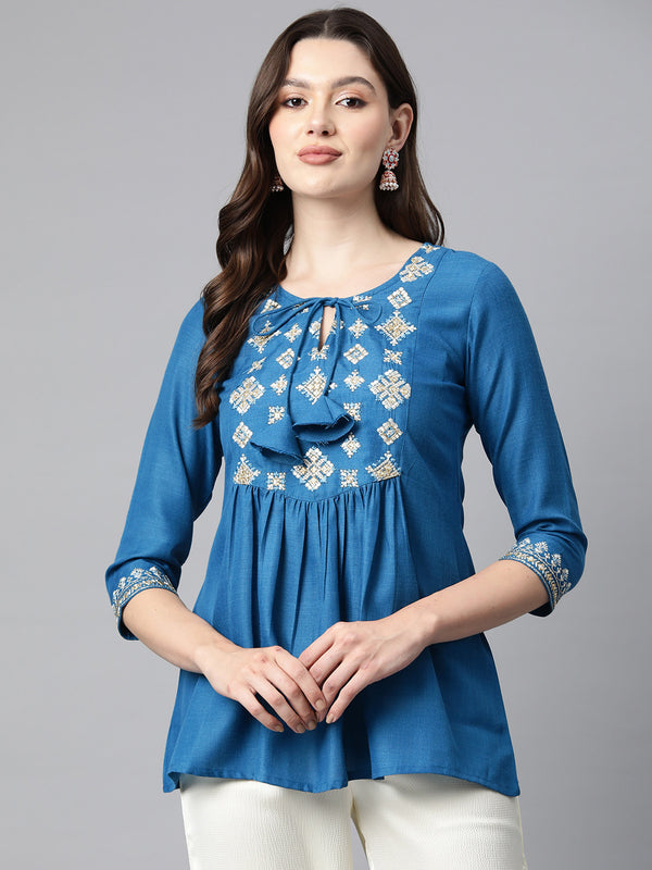 Cottinfab Embroidered Tie-Up Neck Ethnic Tunic