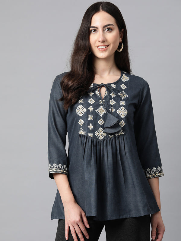 Cottinfab Embroidered Tie-Up Neck Ethnic Tunic