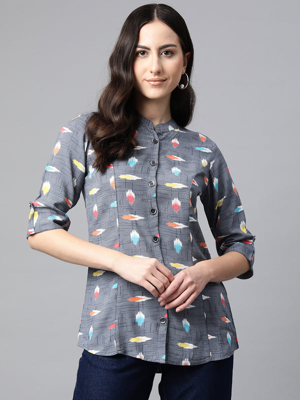 Cottinfab Print Mandarin Collar Roll-Up Sleeves Longline Top