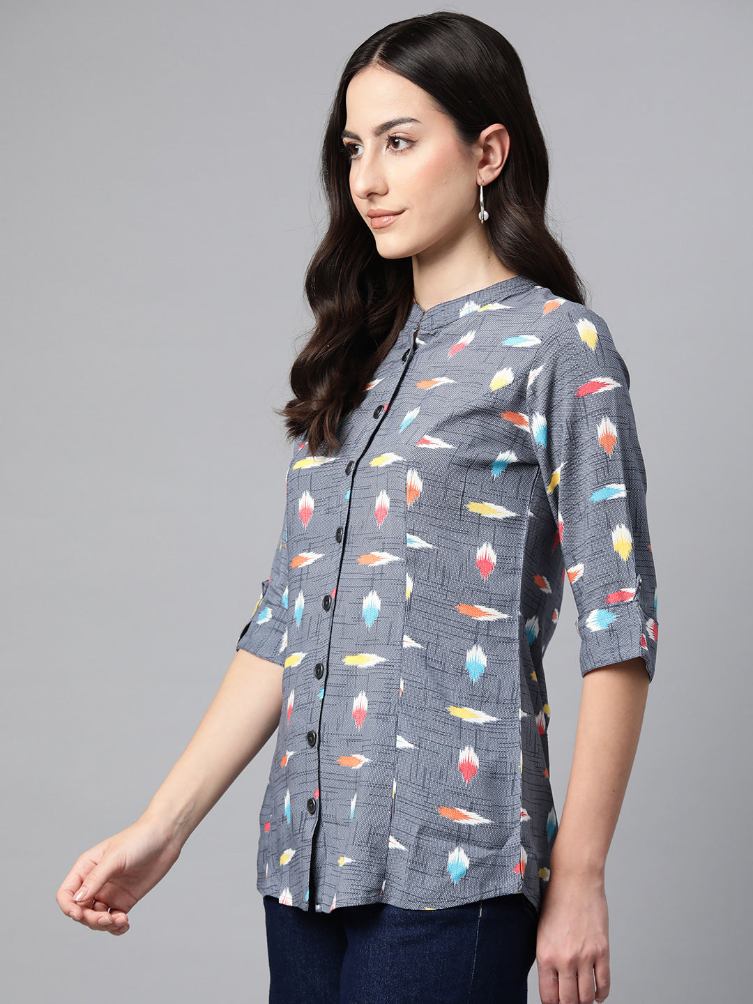 Cottinfab Print Mandarin Collar Roll-Up Sleeves Longline Top