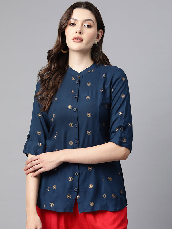 Cottinfab Print Mandarin Collar Roll-Up Sleeves Ethnic Shirt Style Longline Top