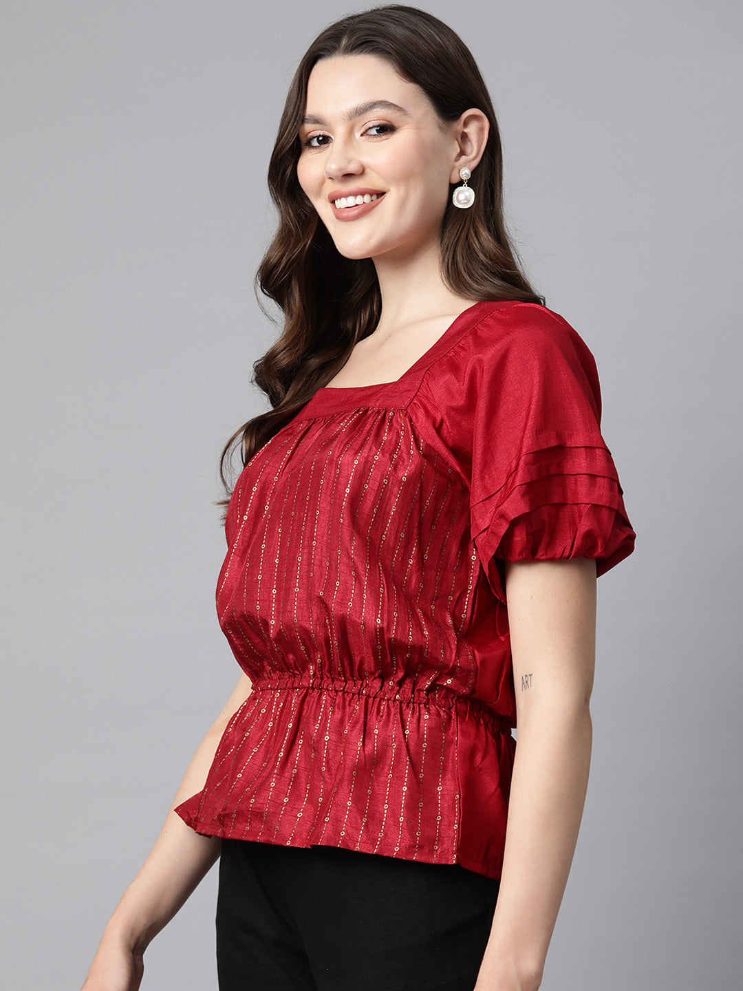 Cottinfab Print Puff Sleeves Peplum Top