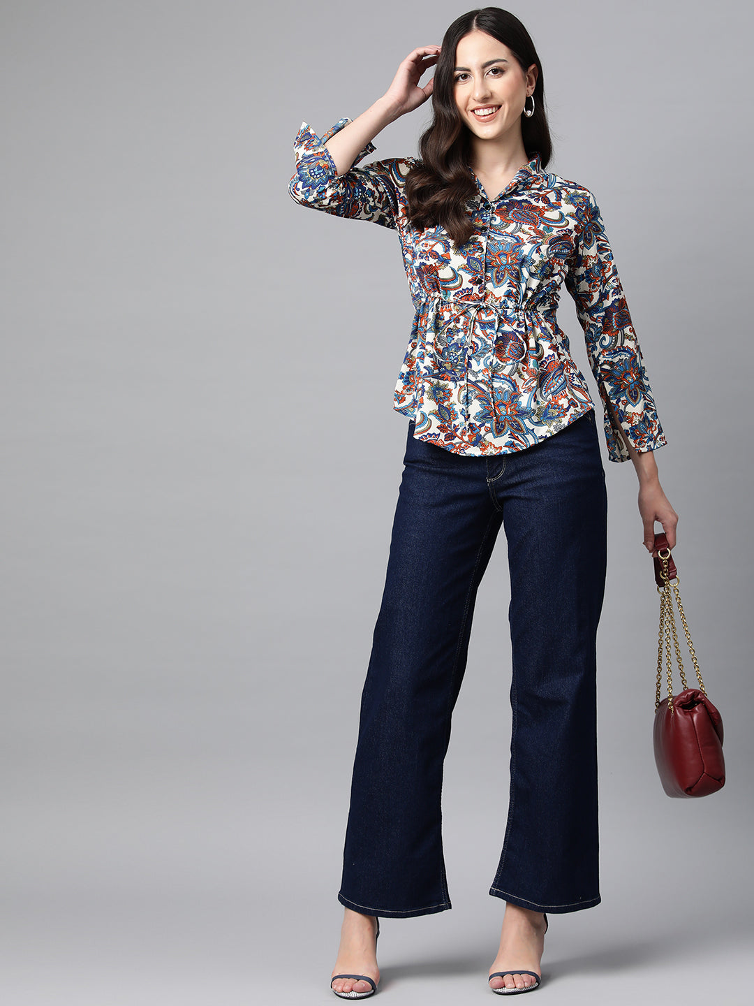 Cottinfab Print Flared Sleeves Crepe Cinched Waist Top