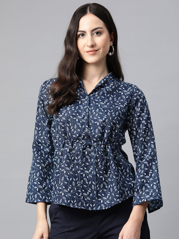 Cottinfab Floral Print Flared Sleeves Cinched Waist Top