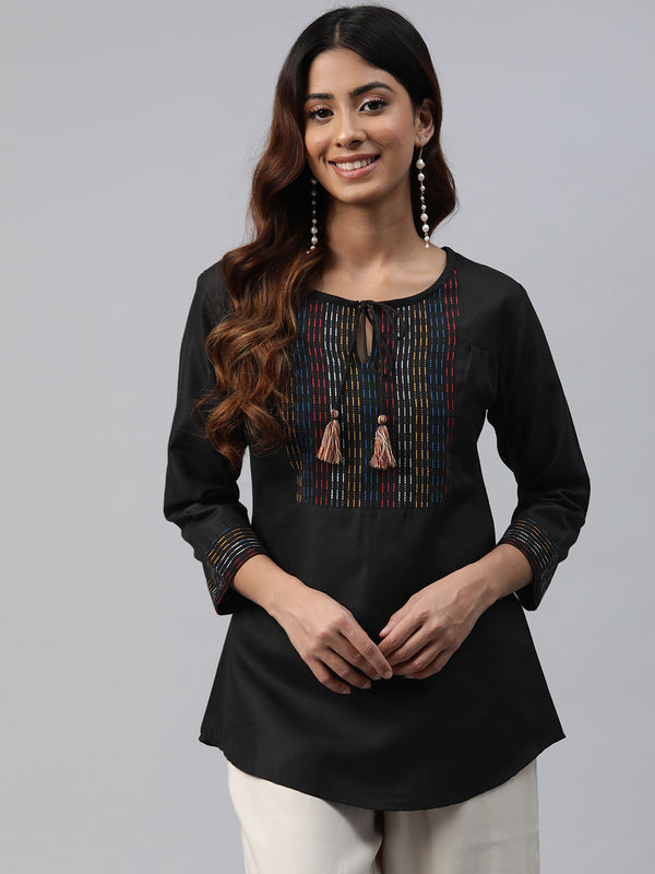 Cottinfab Embroidered Tie-Up Neck Top