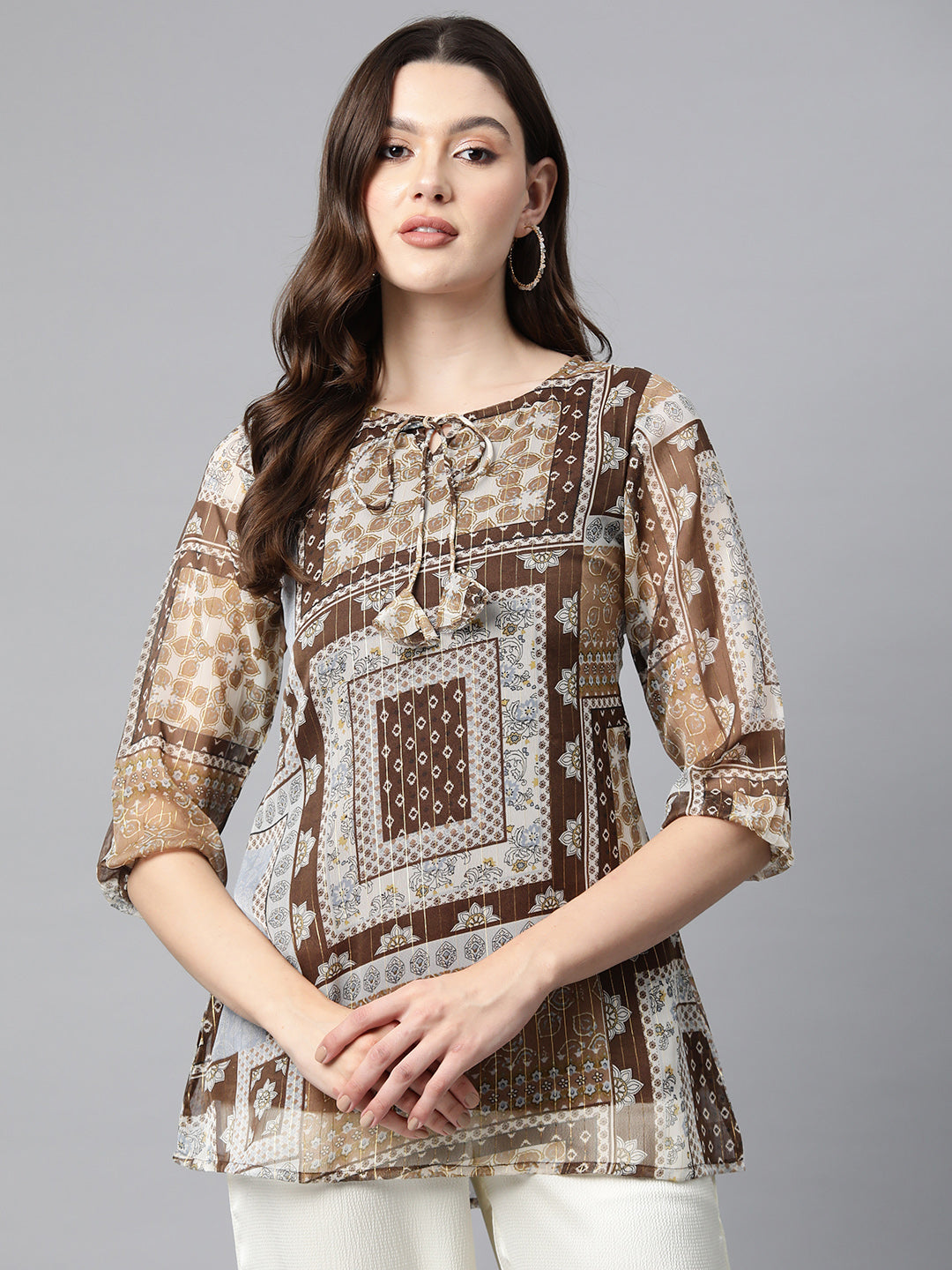 Cottinfab Ethnic Motifs Print Tie-Up Neck Georgette Top