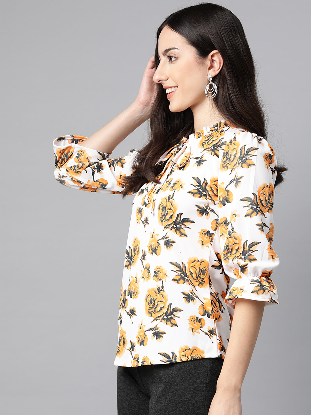 Cottinfab Floral Print Tie-Up Neck Puff Sleeves Shirt Style Top