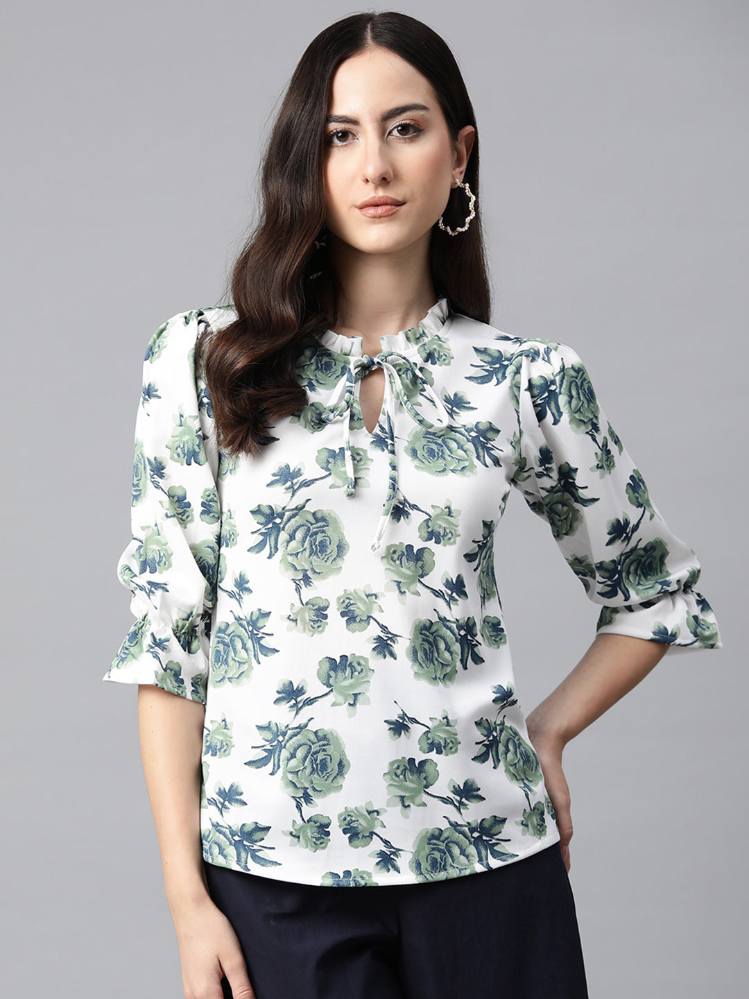 Cottinfab Floral Print Tie-Up Neck Top