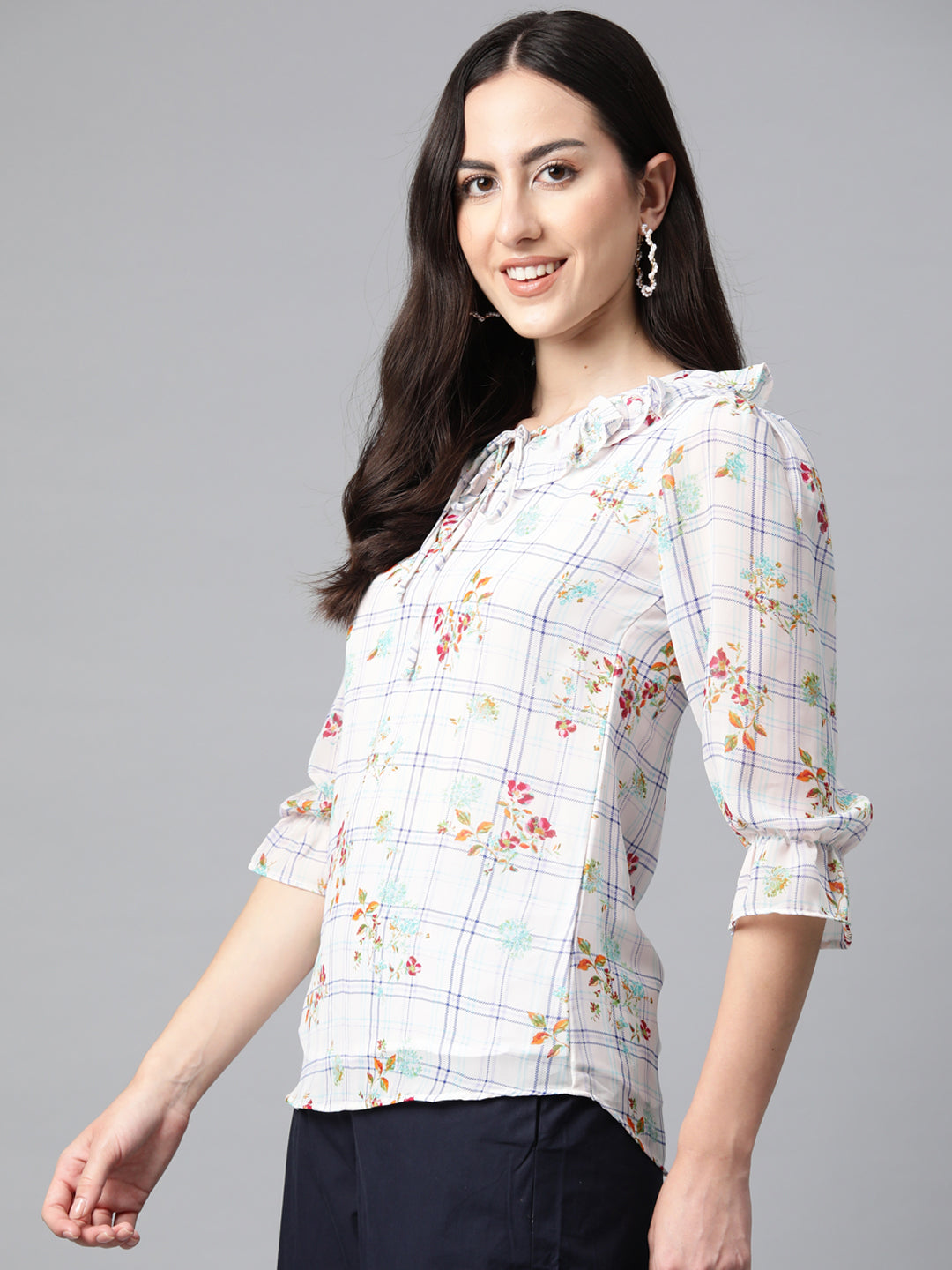 Cottinfab Floral Print Tie-Up Neck Puff Sleeve Ruffles Georgette Top