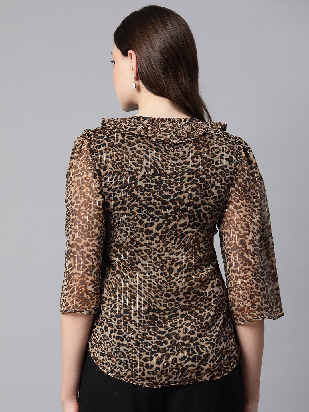 Cottinfab Animal Print Tie-Up Neck Ruffles Georgette Top