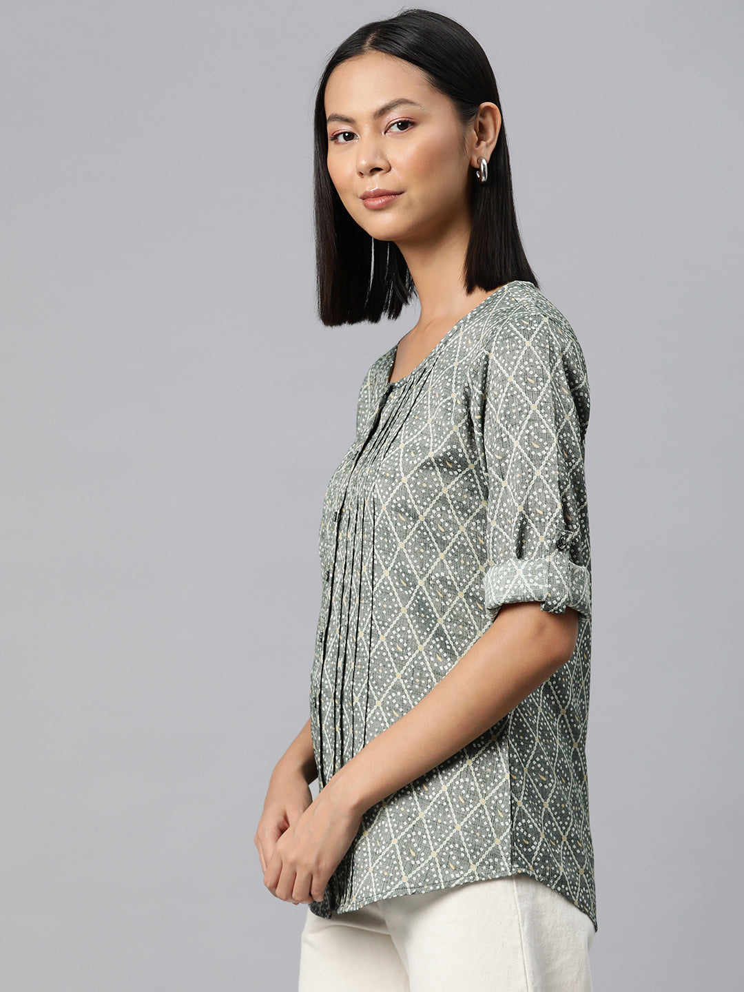 Cottinfab Geometric Print Roll-Up Sleeves Top