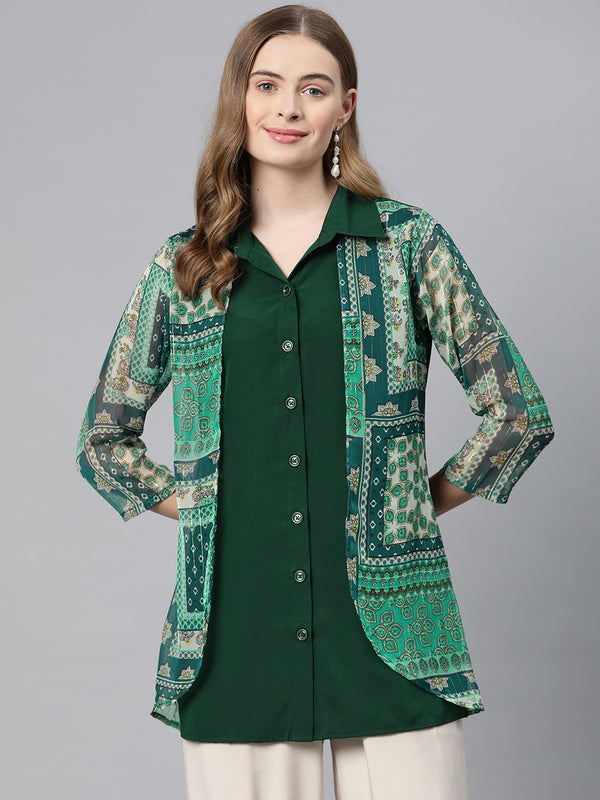 Cottinfab Ethnic Motifs Print Layered Crepe Shirt Style Longline Top