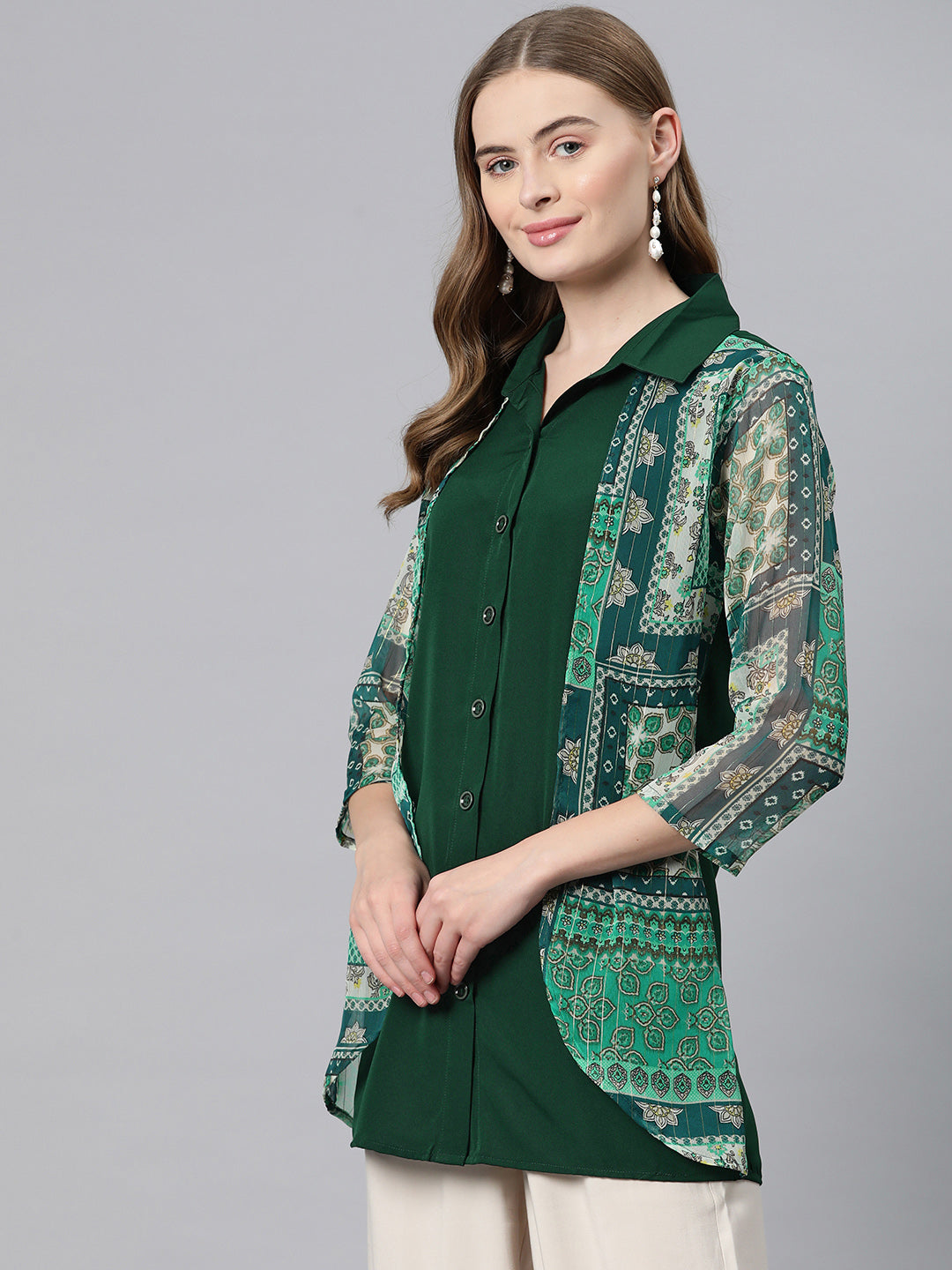 Cottinfab Ethnic Motifs Print Layered Crepe Shirt Style Longline Top