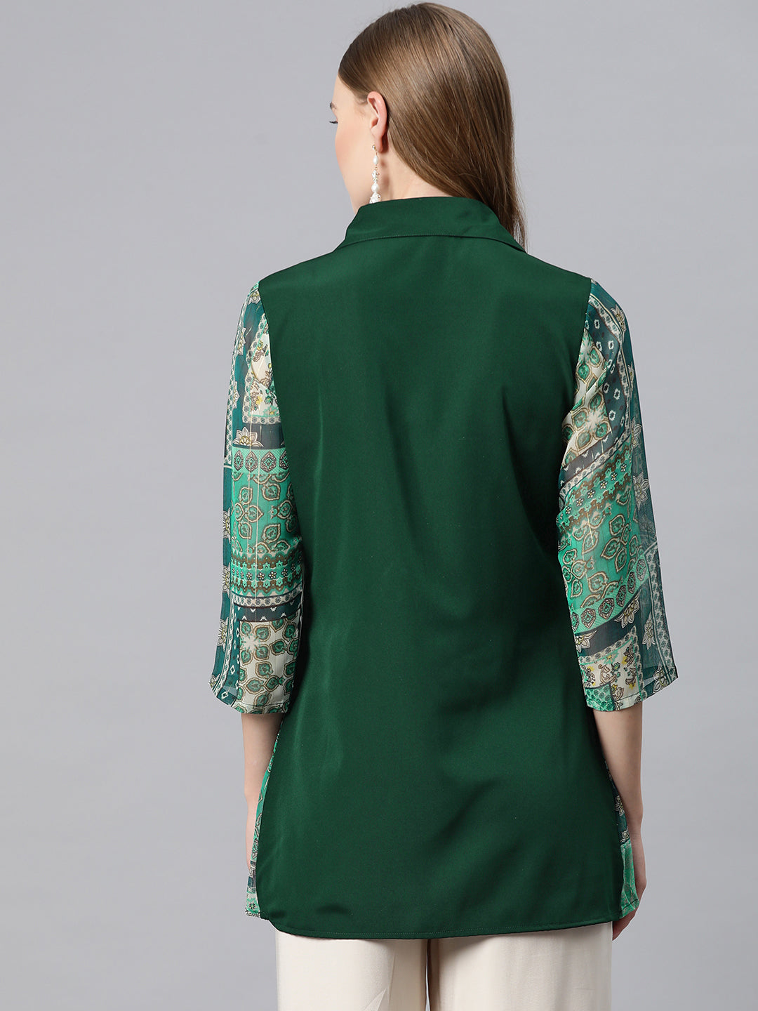 Cottinfab Ethnic Motifs Print Layered Crepe Shirt Style Longline Top