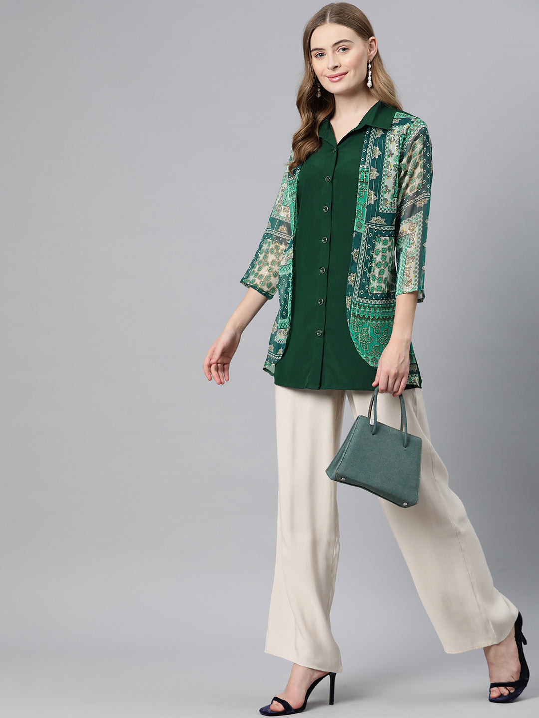 Cottinfab Ethnic Motifs Print Layered Crepe Shirt Style Longline Top