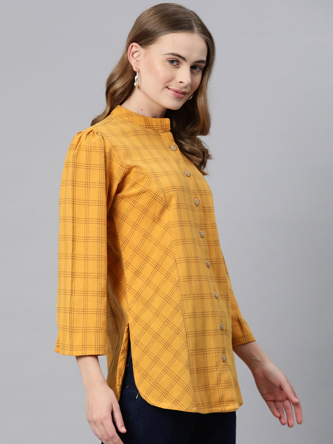 Cottinfab Checked Mandarin Collar Cotton Shirt Style Top