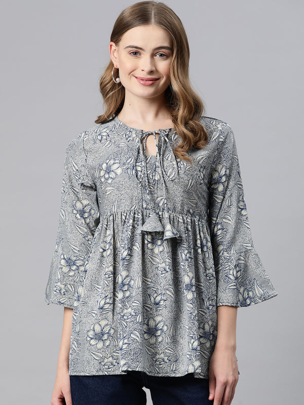 Cottinfab Floral Print Tie-Up Neck Bell Sleeve Crepe Empire Top