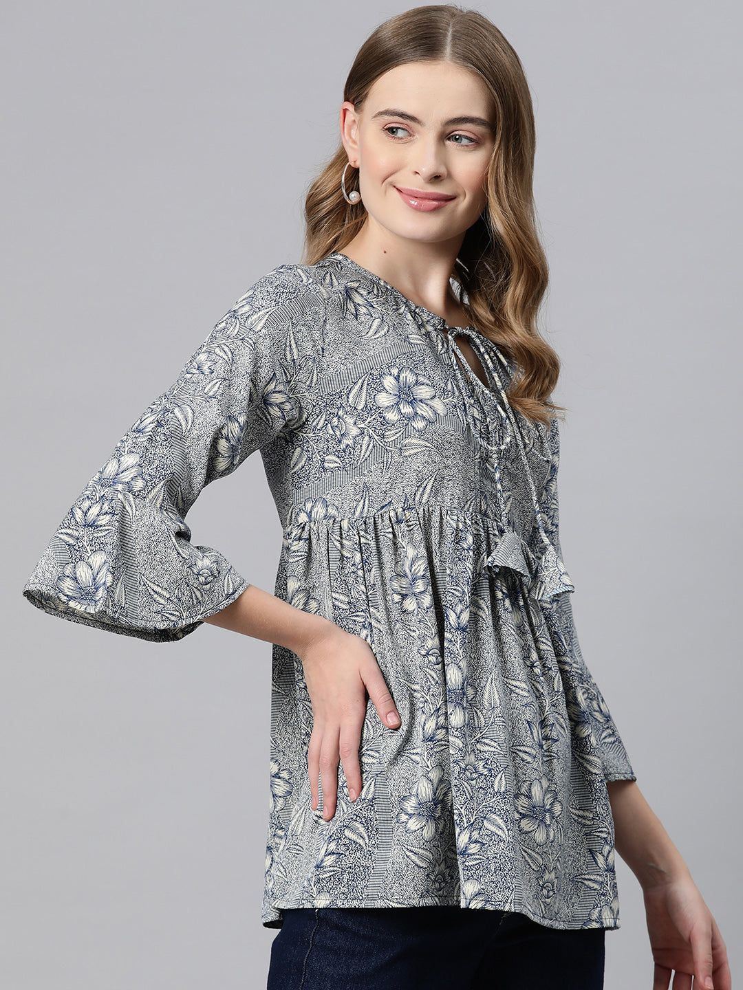 Cottinfab Floral Print Tie-Up Neck Bell Sleeve Crepe Empire Top