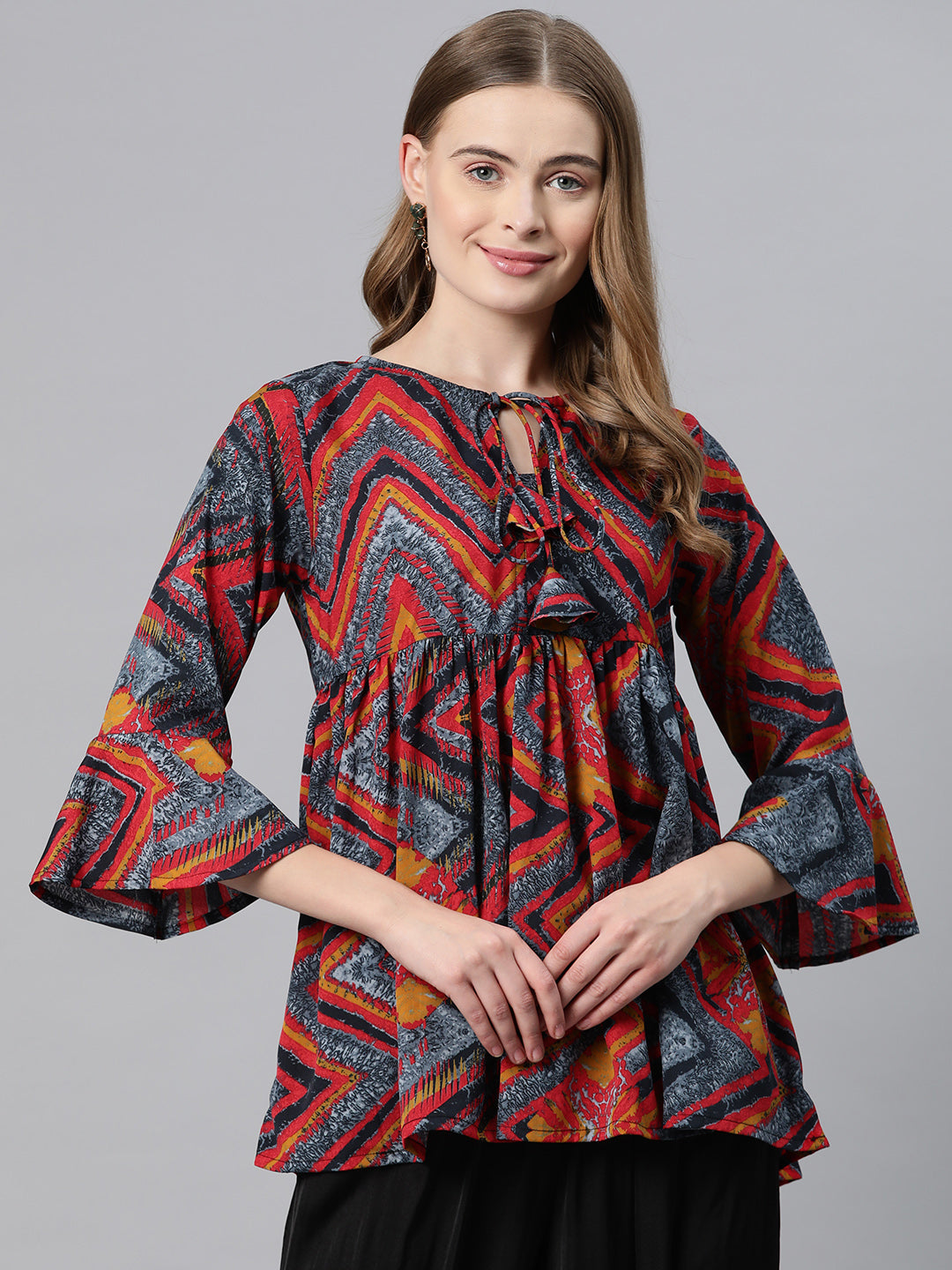 Cottinfab Geometric Print Tie-Up Neck Bell Sleeve Crepe Empire Top