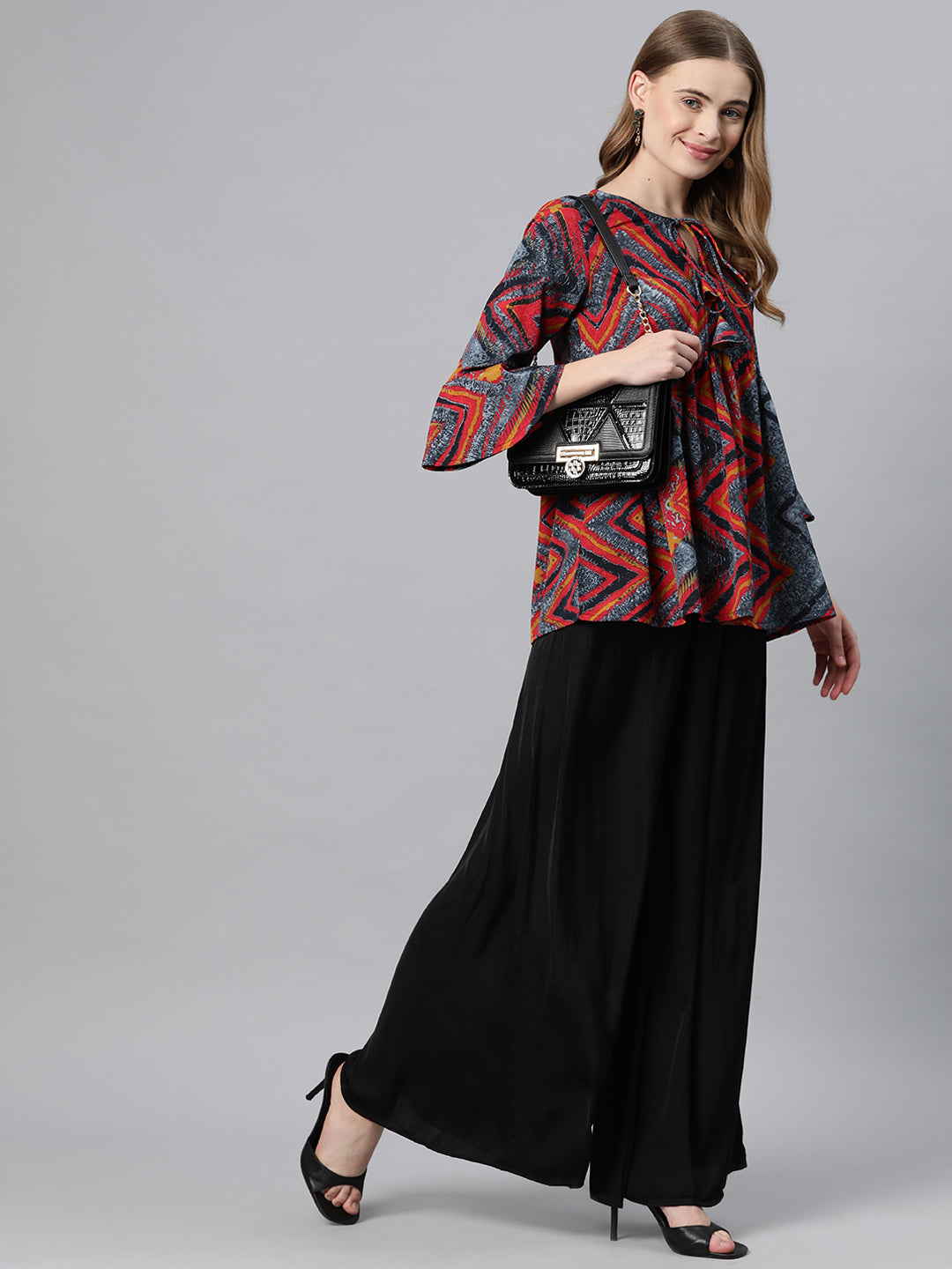 Cottinfab Geometric Print Tie-Up Neck Bell Sleeve Crepe Empire Top