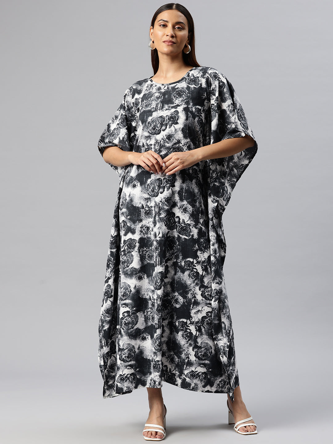 Cottinfab Floral Printed Kimono Sleeve Crepe Kaftan Maxi Dress