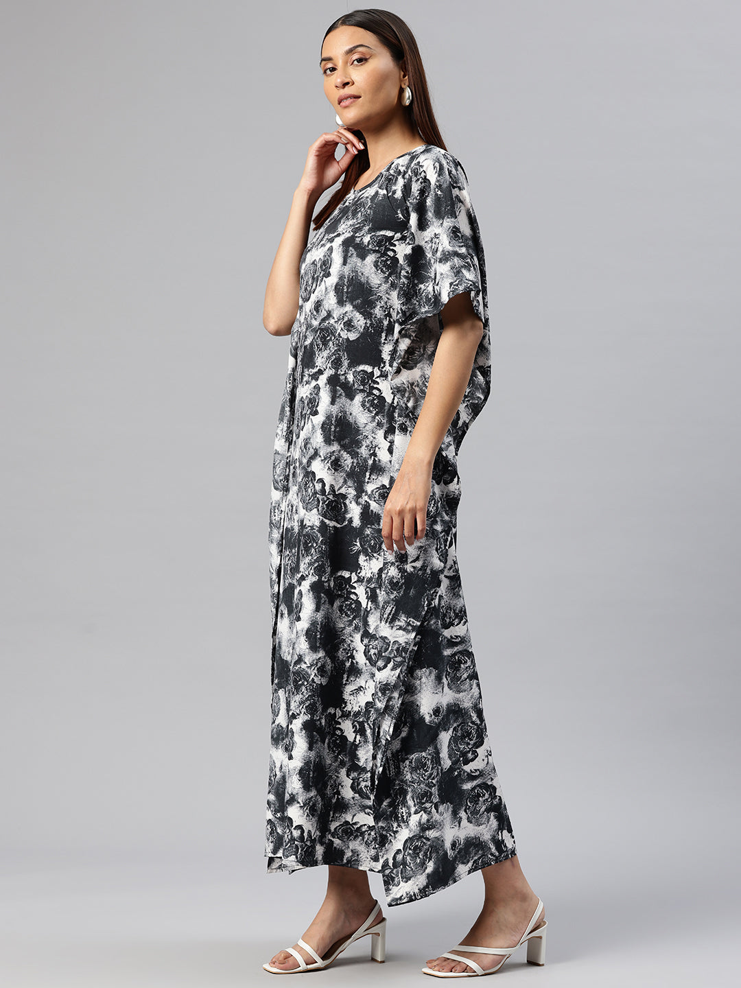 Cottinfab Floral Printed Kimono Sleeve Crepe Kaftan Maxi Dress